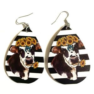 Sunflower Cow Faux Leather Teardrop Earrings